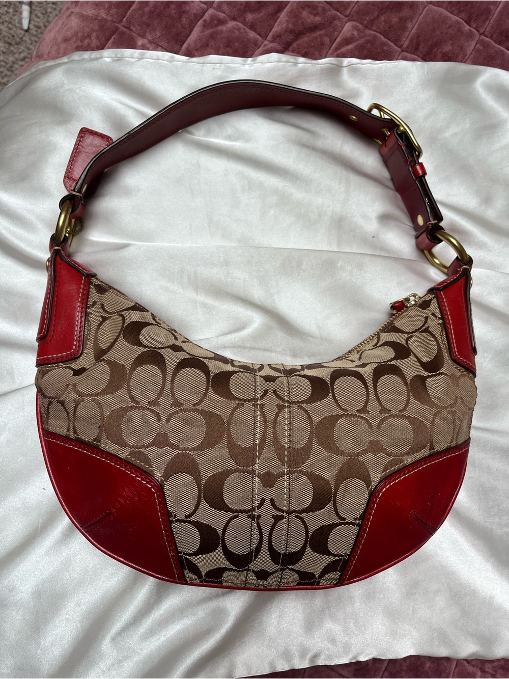Coach Signature Canvas Hobo Bag with Red Leather Trim